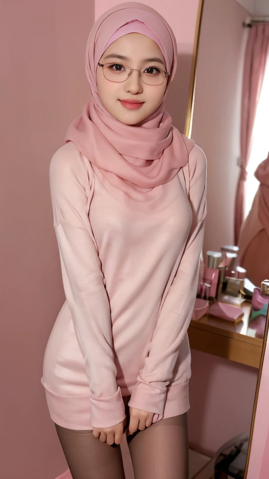 Arafed woman in a pink dress and glasses posing for a picture - SeaArt AI