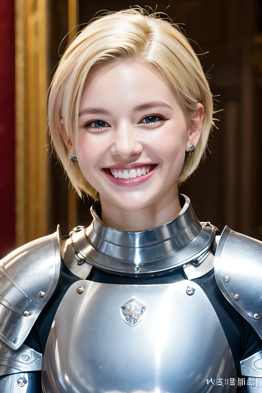 high quality、8k、female knight、The background is a room in a castle.、Luxurious Silver Armor、smile、beautiful teeth、full body photo、hairstyle short cut、ear piercing、white woman、blonde hair、blue eyes、Gummy Smile、、heavy makeup、