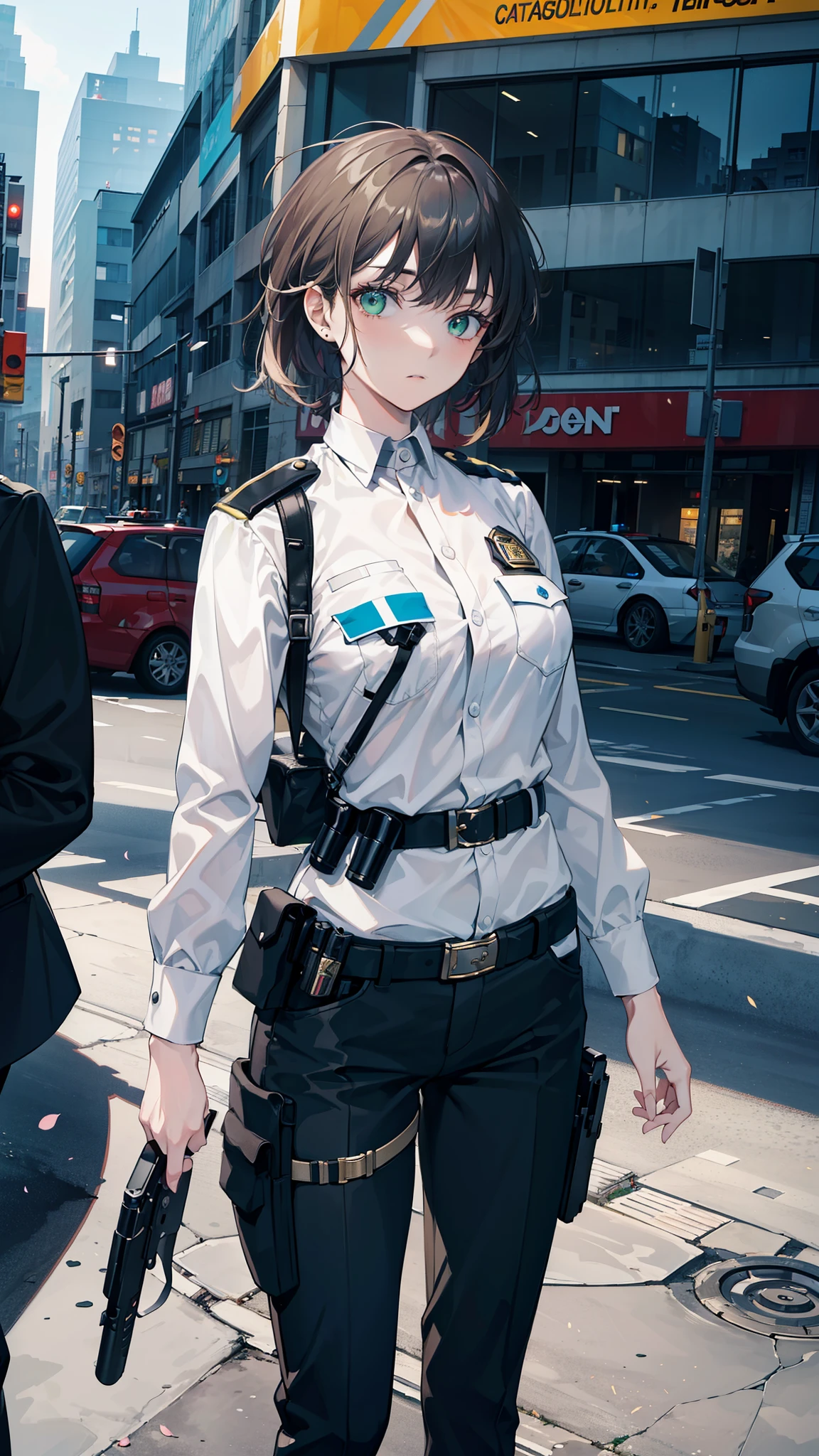 ((best quality)), ((highly detailed)), masterpiece, detailed face, beautiful face, (detailed eyes, deep eyes), (1girl), full body, <lora:Change-A-CharacterGCop:.8>, GCop, police hat, uniform, jacket, belt, necktie, collared shirt, shirt tucked in, pants, shoes, gloves, outside, in a city