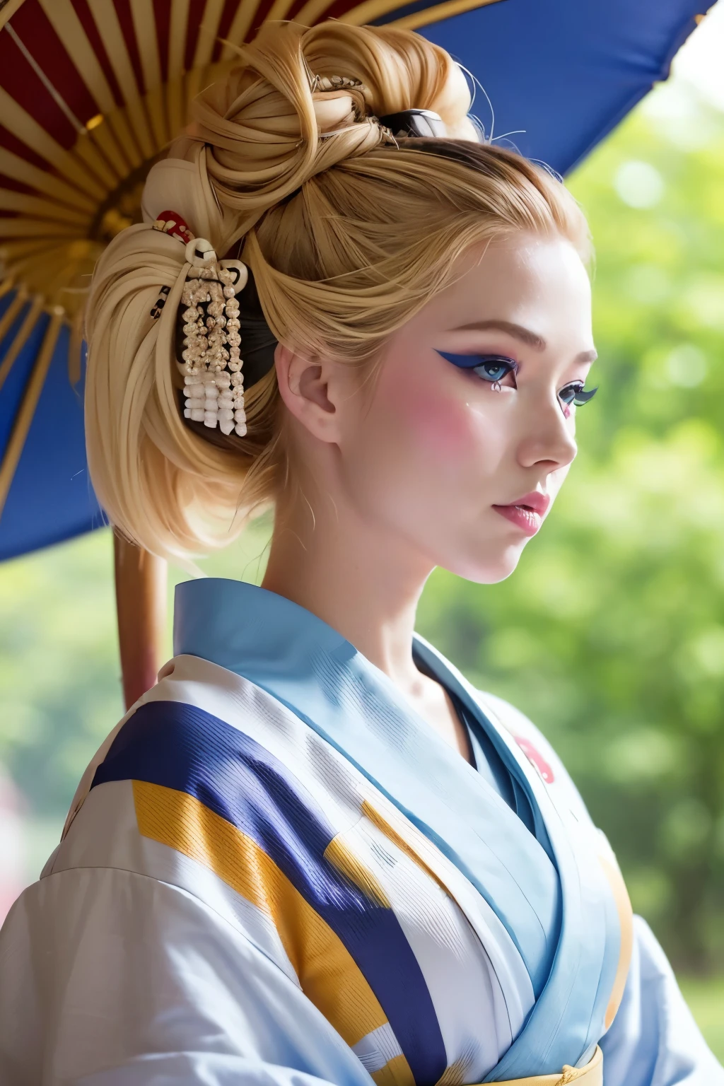 (geisha)((Face of AlexiaThompson01R)). beautiful. perfect, ((blonde hair, hair in a bun, hair falling over one eye, emo bangs)), (blue eyes. Vibrant Blue Eye). perfect skin, white skin. thin nose, thin chin. (kimono, orange and black kimono)(geisha, white face, geisha makeup) (makeup, beautiful western woman, mascara, brush) (full body photo, front view, standing)
