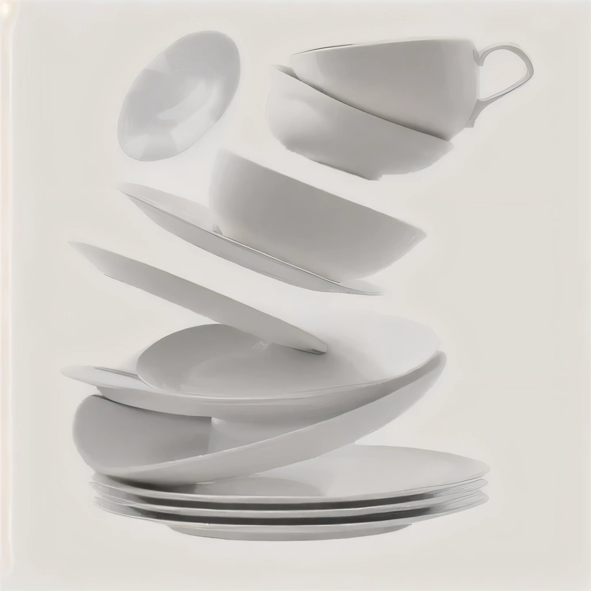 a close up of a stack of white plate and cups, plate, pan and plate, porcelain, over a plate and over a table, object levitating, set against a white background, plate, plateeartening, vessel, Exquisite porcelain, thin porcelain, High quality product image”, Porcelain, white, Set photo, bright white porcelain, Clear and smooth lines