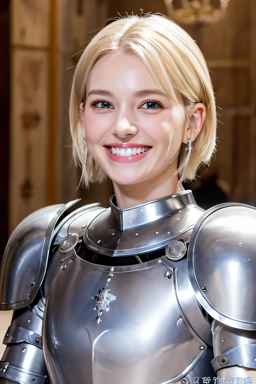 high quality、８ｋ、female knight、The background is a room in a castle.、Luxurious Silver Armor、smile、beautiful teeth、full body photo、hairstyle short cut、ear piercing、white woman、blonde hair、blue eyes、Gummy Smile、、heavy makeup、