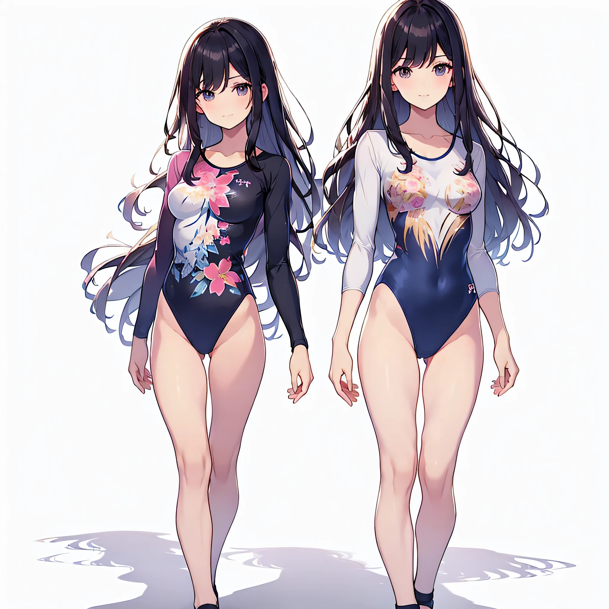 ((full body)),(masterpiece, best quality), (2 girls1.5) ,((Contrapposto:1.5)), looking at viewer, walking,((v_arms:1.2)), (wearing gymnastics_longsleeves_leotard_outfit leotard:1.3),(pink leotard) ,(floral print leotard:1.3),{{wearing gym suit:1.3 }}, BREAK masterpiece black hair, ((long hair:1.2)), ((parted bangs:1.3)), black eyes, good hand, ((small breasts)), (over 20 years old, under 25 years old:1.2), , spotlight, happy, smile, BREAK white background