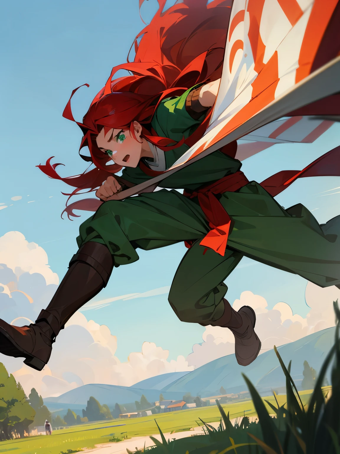 A teenage man with slightly Medium long red hair, green eyes, dressed in Viking-era training clothes.
