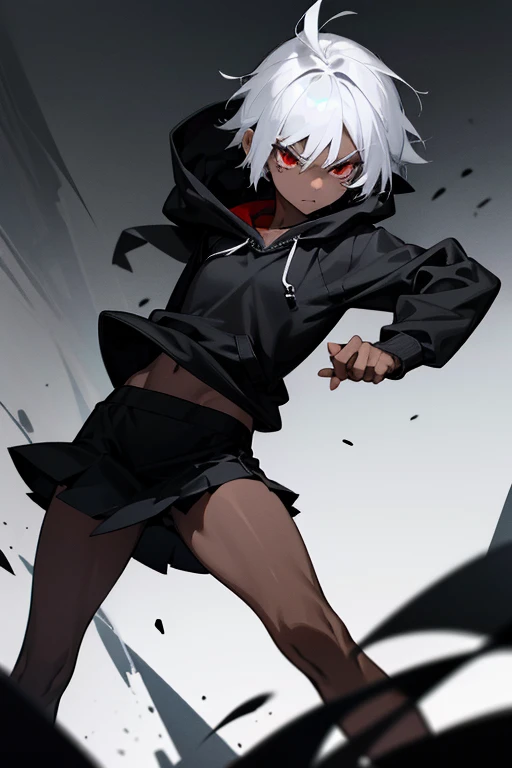 18 year old tomboyish girl, short white hair, dark skin, emo, small, thin and athletic body, blank stare and red eyes, cold expression, intimidating presence. depressed, black eye shadow makeup, black sweatshirt, black skirt, hood covering the face. dark room scene.