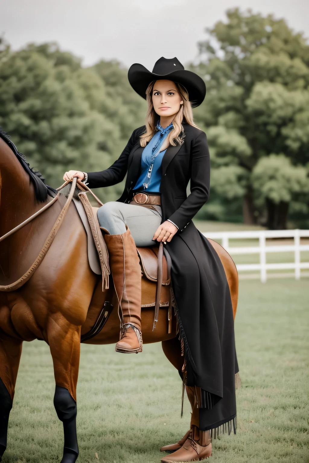 old woman sitting on a horse, cowgirl portrait, lasso in hand, cowgirl hat, wearing a sharp black suit, high quality, creased photograph look, detailed features, has legs, normal fingers, color photograph, wearing absurdly large ten gallon hat