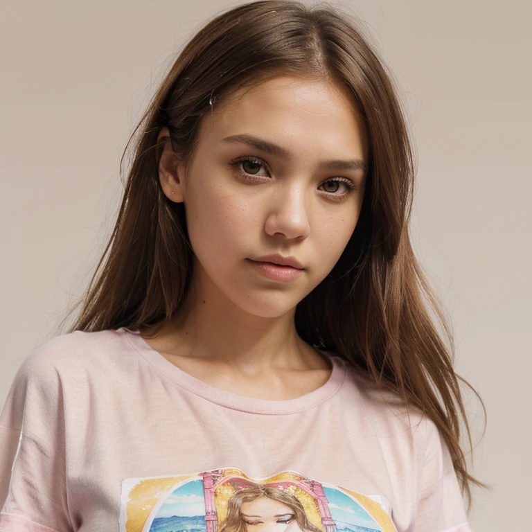 Jessica Alba, (masterpiece),(best quality:1.1),(ultra-detailed),best illustration,finely detail,(portrait:1.1),(intense close-up),watercolor drawing)floating,1girl,solo,13 years old,slim,(extremely delicate and beautiful face),(detailed pink eyes),pink thick lips,(disheveled hair),(wearing a baggy T-shirt),soft and lazy,(simple background:1.2)whole colored background,clear,4K
