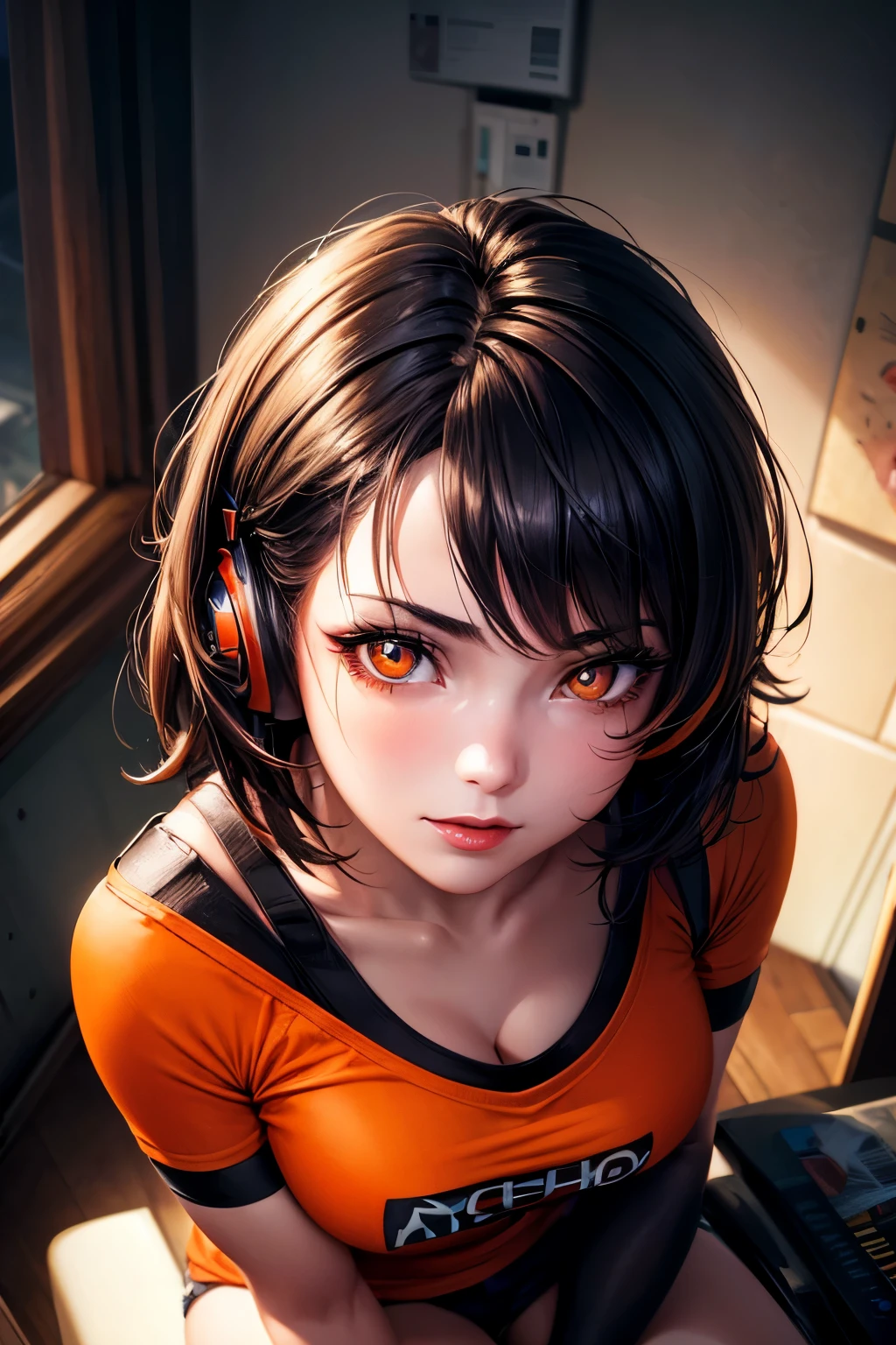 (((Close up, face of a beautiful girl with bright orange eyes))), (beautiful expressive orange eyes:0.7), realistic face, realistic eyes, realistic hair, eyeliner, red lipstick, eyebrow piercing, (medium breasts: 1, 2 ), (short shirt:1.12), (short shorts:1.12), Sitting, sofa, reclining. Looking at the viewer. (Evil smile: 0.8), black hair, messy hair, short hair, headphones behind head, Realism, from above, cinematic lighting, shine, masterpiece, best quality, high resolution, high details, textured skin , anatomically correct, 4K
