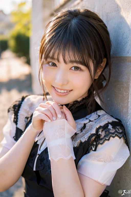 master piece,highest quality,official art,Highly detailed CG Unity 8K wallpaper,Japan Female Students,18 year old girl,very delicate and beautiful,超A high resolution,(Realistic:1.4),golden hour lighting,(platinum short hair:1.5),(puffy eyes),tear bag、looking at the viewer,facing the front,smile,(A sexy dress with plenty of black lace:1.3),beautiful woman、Beautiful and sexy body shape、(european castle:1.5), Close-up, master piece, best quality, RAW photography, Realistic, (Japanese idol-like cute face:1.2), incredibly absurd solution, Buatigal, Depth of the bounds written, High resolution, super detailed, small details, very detailed, highly detailed eyes and face, sharp pupils, Realisticな生徒, fix a sharp focus, cinematic lighting、((Mouth smile、white teeth))、sexy pose、gravure pose、From above、off shoulder、((Pinch the hem with your hands and pull it up:1.3))、wrinkles between the eyebrows、Photograph from the knee up、garter belt