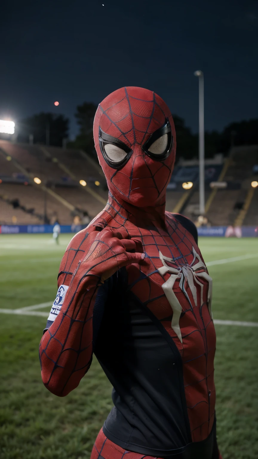 Spider-Man is found at night on the Camp Nou playing field (cancha del fc Barcelona). He is wearing the Spider-Man suit and over the suit he is wearing the FC Barcelona 2024 shirt, con el escudo del club bien visible en el pecho. en la imagen se lo ve de pie, de cuerpo completo, doing a photo pose in the style of spiderman