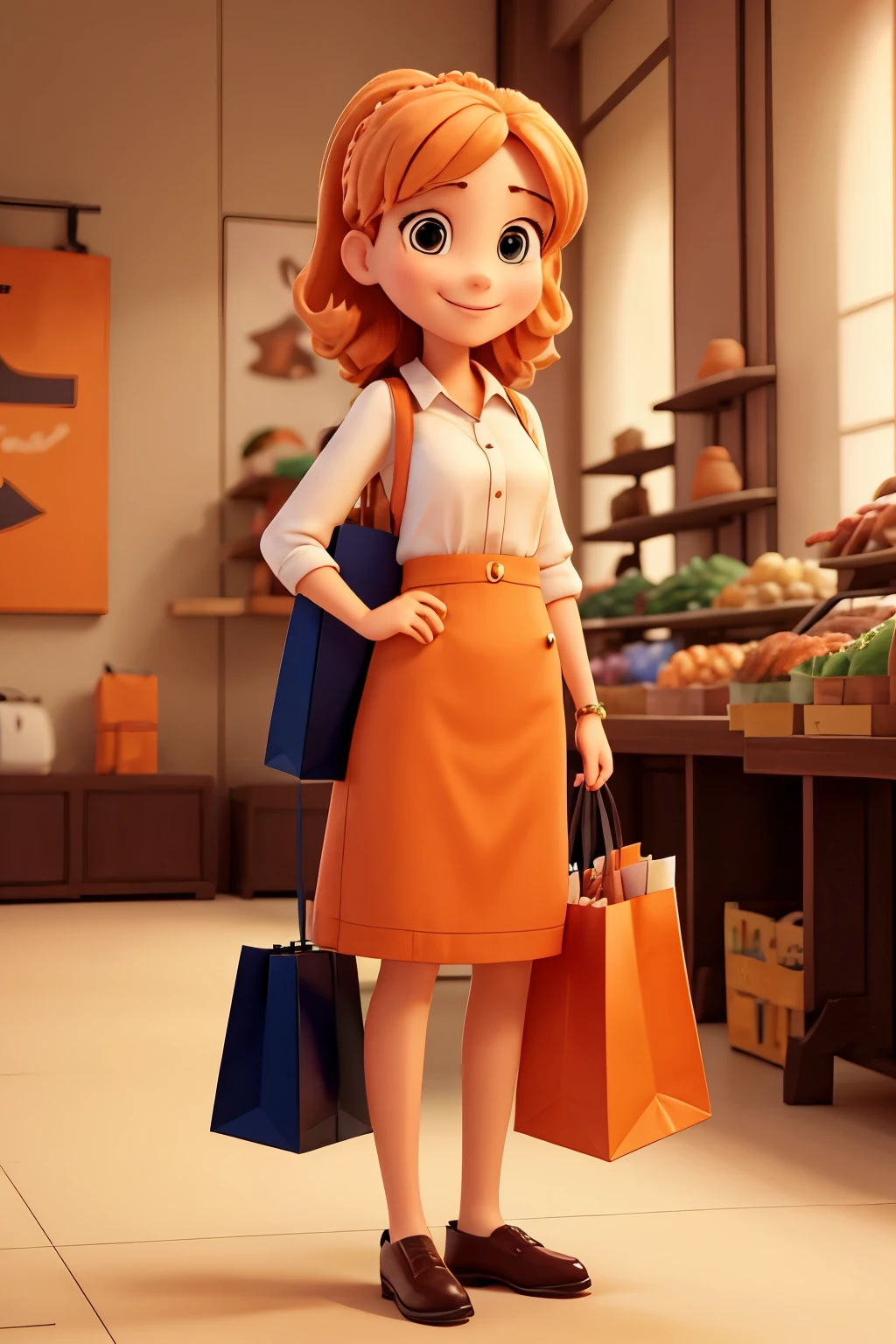 female, smile, she is an attendant from an online store. She wears an orange businesswoman outfit. She is holding shopping bags. Orange Pallet, more shopping bags