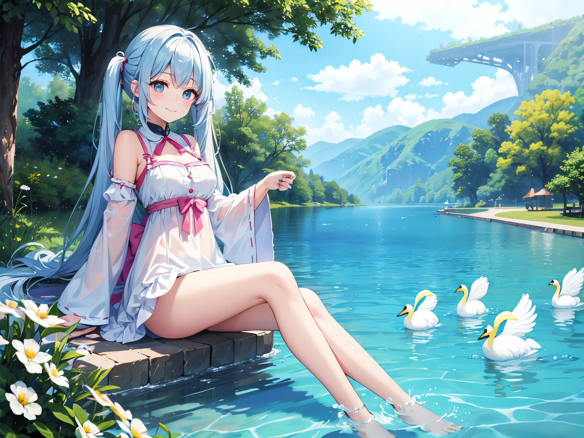 light blue long hair、Beautiful girl with twin tails、bright smile、park with lake、Playing with swans、Swans are flying and swimming、The lake is surrounded by lots of flowers.、