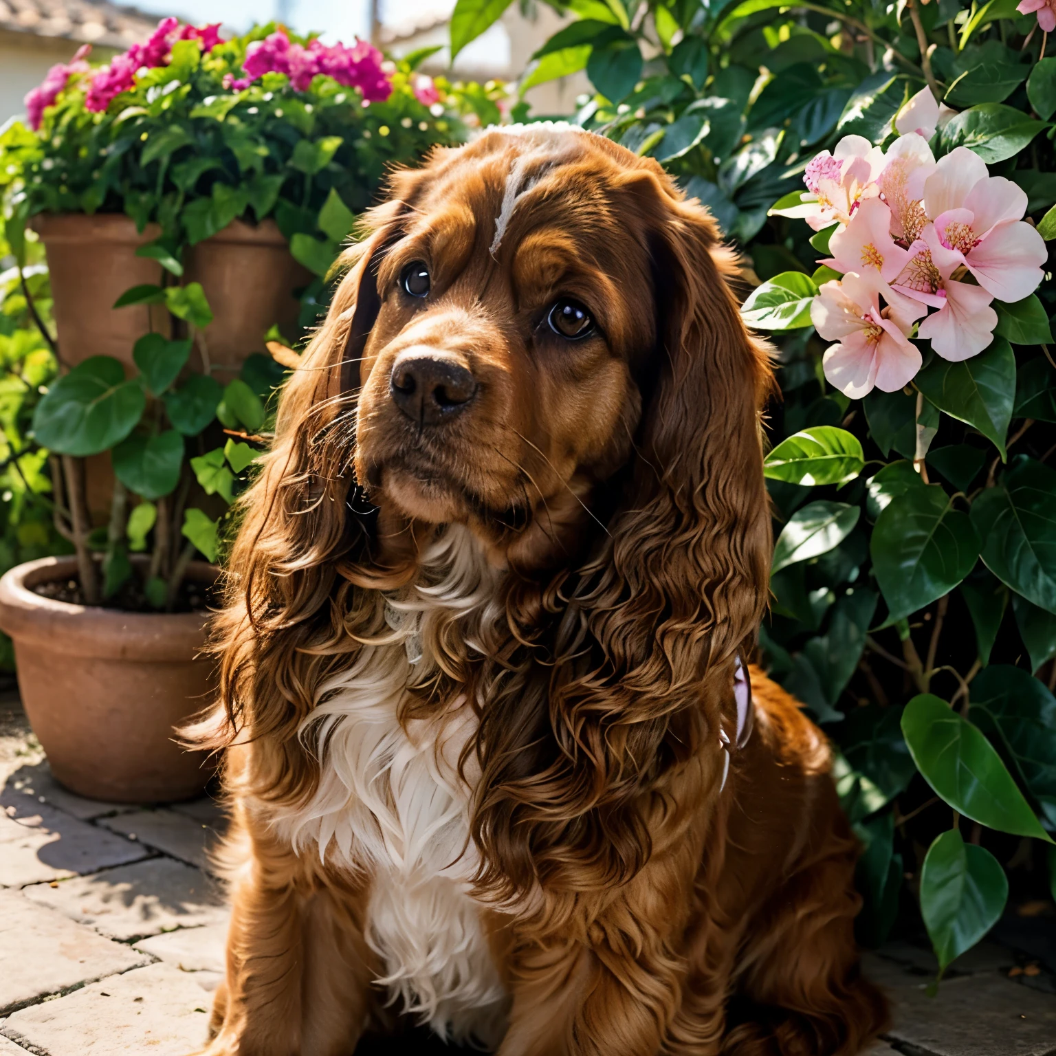 Light brown cocker spaniel dog smiling and with bougainvillea flowers adorning its ears