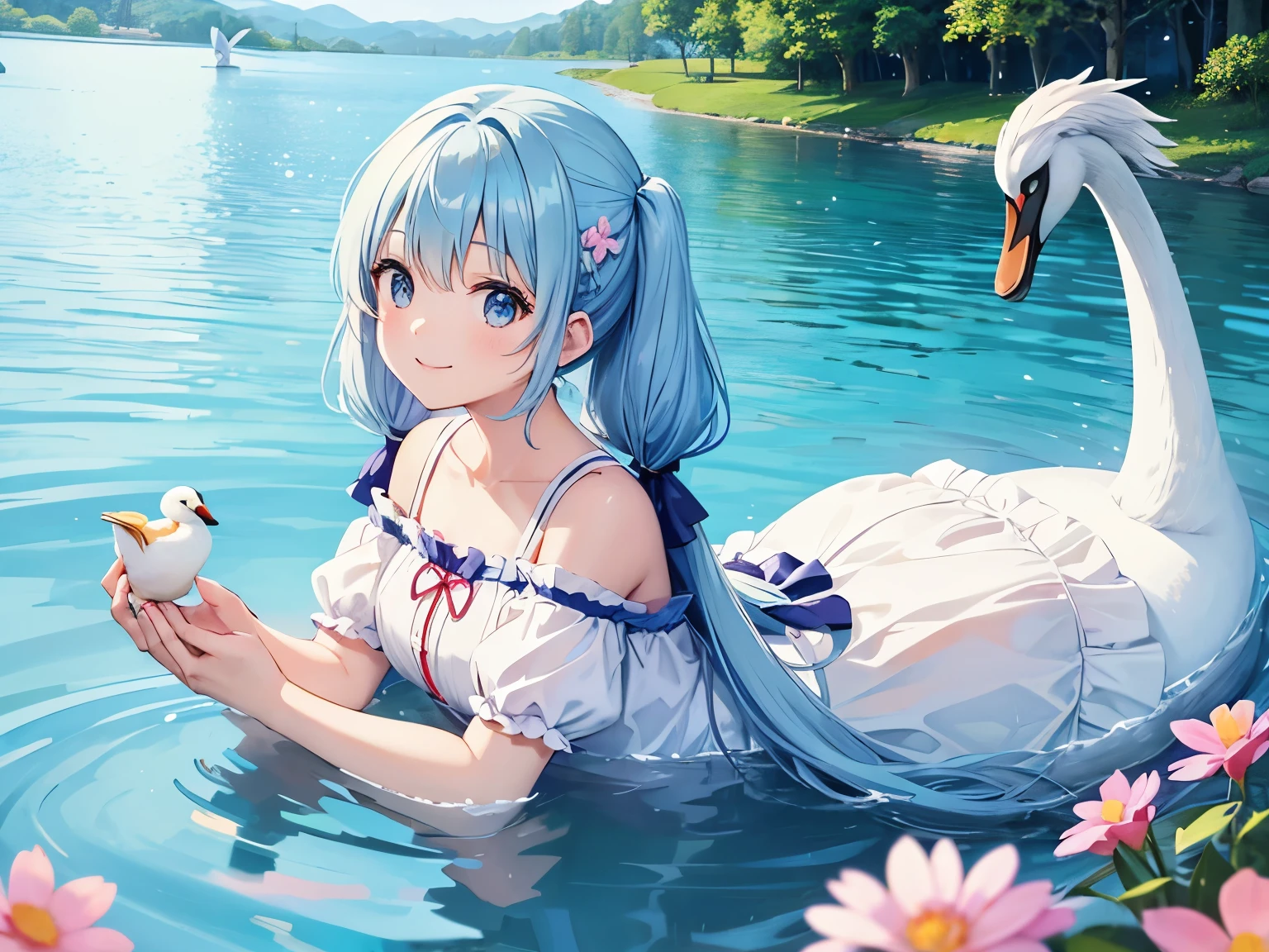light blue long hair、Beautiful girl with twin tails、bright smile、park with lake、Playing with a big swan、Swans are flying and swimming、The lake is surrounded by lots of flowers.、
