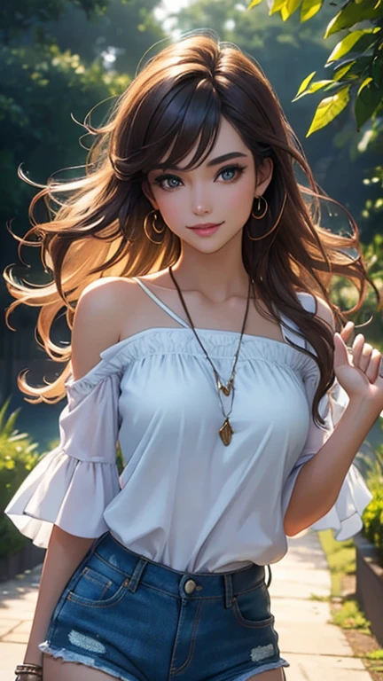 (Best quality,Ultra detailed,Photorealistic:1.37),bright and rich colors,studio lighting,playful facial expression,stylish makeup, denim shorts,hair fluttering in the wind,inviting eyes,glossy lips,sexy pose, I smile confidently and seductively,posing for a professional photo shoot,shallow depth of field,highlighting the main subject,soft natural light,Creating a dreamy and magical atmosphere.