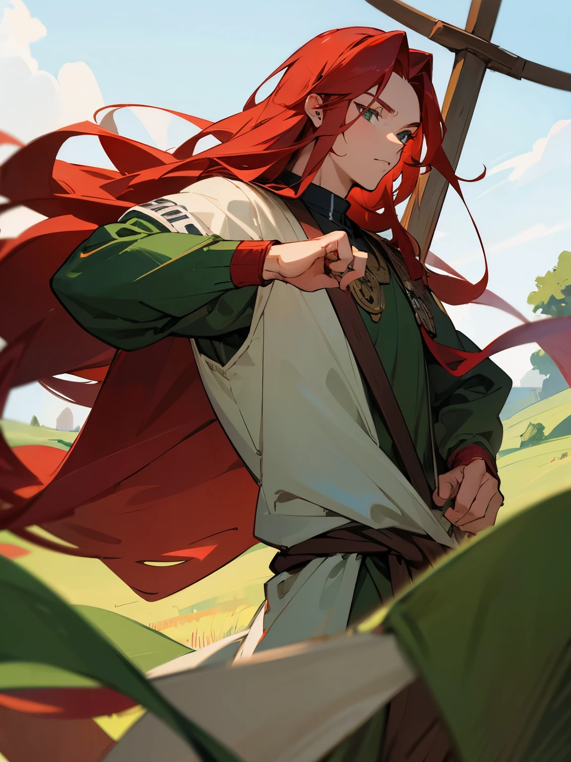 A teenage man ((mature)) with slightly Medium long red hair, green eyes, dressed in Viking-era training clothes.