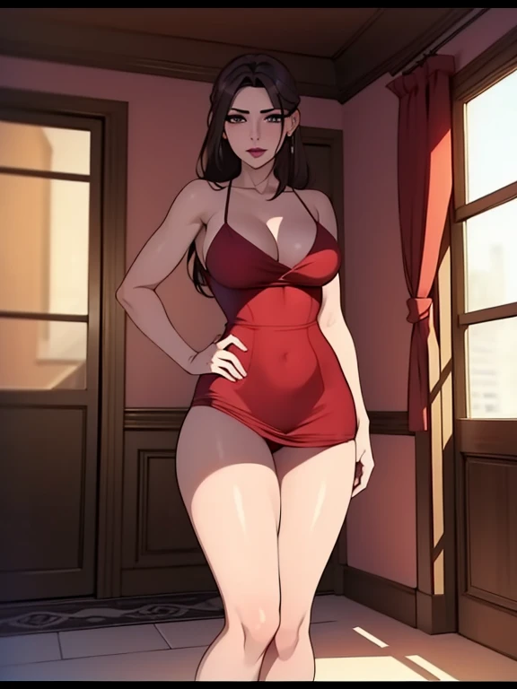nsfw,(obra maestra, alta calidad, Mejor calidad:1.4),muy detallado,4k,mujer peliroja madura, parte superior del cuerpo,senos,sujetador de encaje rojo, mini vestido rojo, medias de nailon rojas,Liguero,lipstick,constituir,Ojos azules,rubor ,tacones , in a room