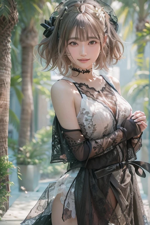 master piece，highest quality，official art，Highly detailed CG Unity 8K wallpaper，Japan Female Students，18 year old girl，very delicate and beautiful，超A high resolution，（Realistic：1.4），golden hour lighting，(platinum short hair：1.5），（puffy eyes），tear bag、looking at the viewer，facing the front，smile，(A sexy dress with plenty of black lace:1.3)，beautiful woman、Beautiful and sexy body shape、（european castle:1.5）， Close-up， master piece， best quality， RAW photography， Realistic， (Japanese idol-like cute face:1.2)， incredibly absurd solution， Buatigal， Depth of the bounds written， High resolution， super detailed， small details， very detailed， highly detailed eyes and face， sharp pupils， Realisticな生徒， fix a sharp focus， cinematic lighting、((Mouth smile、white teeth))、sexy pose、gravure pose、From above、off shoulder、((Pinch the hem with your hands and pull it up:1.3))、wrinkles between the eyebrows、Photograph from the knee up、garter belt