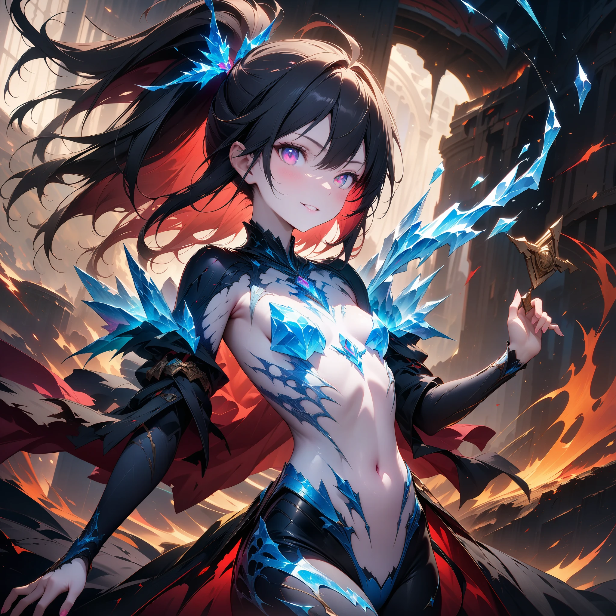 ((masterpiece, best quality, ultra-detailed, an extremely delicate and beautiful)), ((extremely detailed CG unity 8k wallpaper)), ((award winning, ccurate, UHD, textured skin, chromatic aberration, perfect anatomy, Fujicolor)), ((((postapocalypse)))), (concept art), 1  witch chanting ice magic, (small breasts), slender body, young sister taste, straight jet black hair with red inner color, azule eyes, glowing eyes, wearing black magic , ((many magic circles)), (((fantasy))), (confident face)