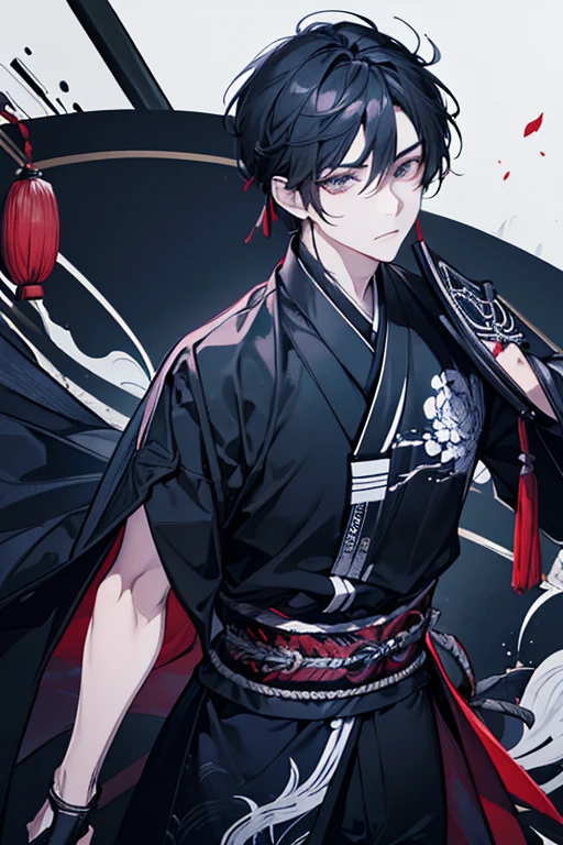 A swordsman with a black kimono and a katana with a black blade, com cabelos preotos e curto, com a cor do olho pretos e vazios, com um semblante frio e serio, sendo iluminado plea luz da lua vermelha, embaixo de uma arvore de sakura