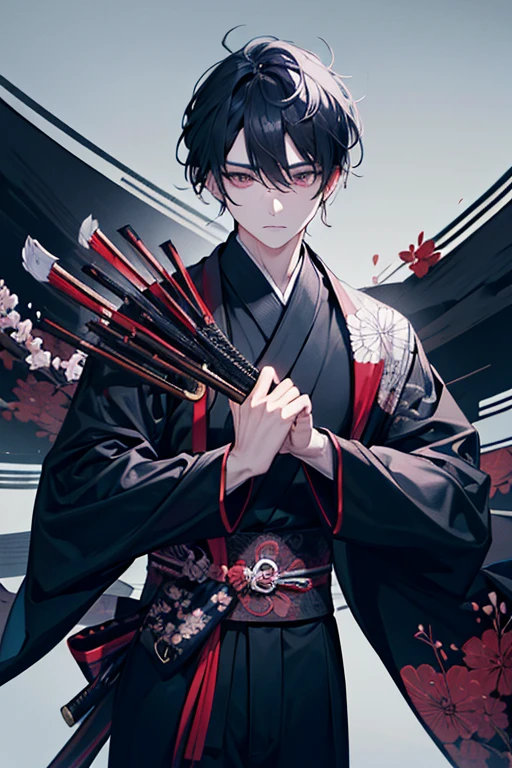 A swordsman with a black kimono and a katana with a black blade, com cabelos preotos e curto, com a cor do olho pretos e vazios, com um semblante frio e serio, sendo iluminado plea luz da lua vermelha, embaixo de uma arvore de sakura