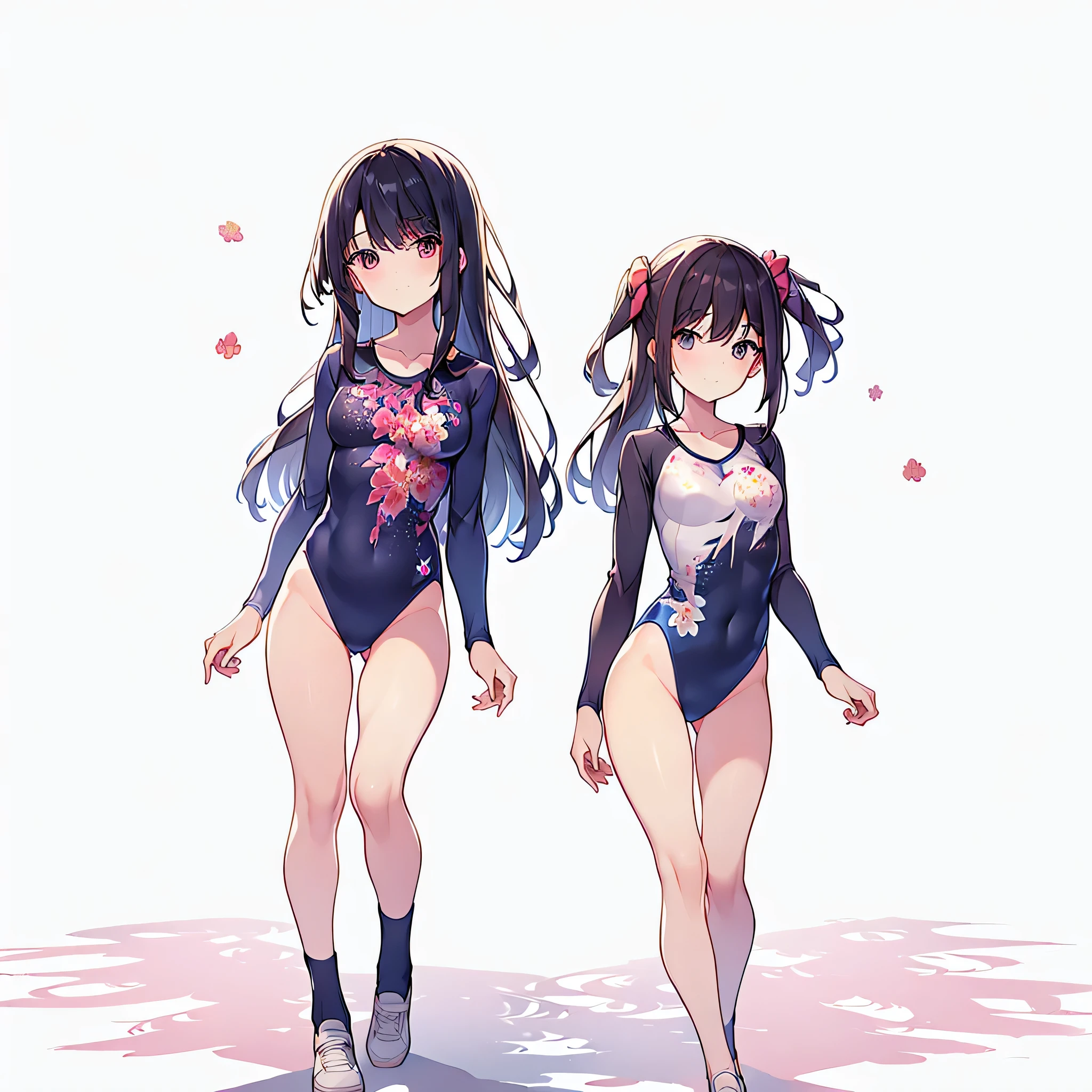 ((full body)),(masterpiece, best quality), (2 girls1.5) ,((Contrapposto:1.5)), looking at viewer, walking,((v_arms:1.2)), (wearing gymnastics_longsleeves_leotard_outfit leotard:1.3),(pink leotard) ,(floral print leotard:1.3),{{wearing gym suit:1.3 }}, BREAK masterpiece black hair, ((long hair:1.2)), ((parted bangs:1.3)), black eyes, good hand, ((small breasts)), (over 20 years old, under 25 years old:1.2), , spotlight, happy, smile, BREAK white background