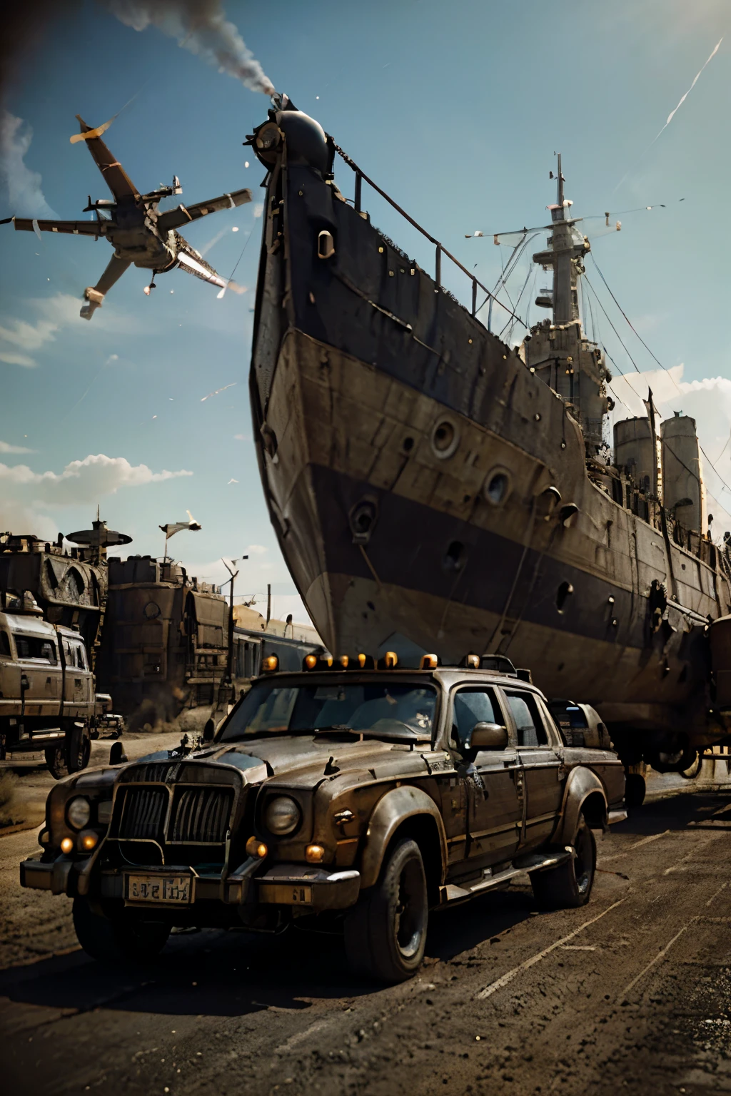 8K photorealistic render of a dieselpunk oil baron standing in front of his fleet of diesel vehicles and airships, detailed, rich color palette, inspired by Kilian Eng, Mad Max: Fury Road and Bioshock Infinite