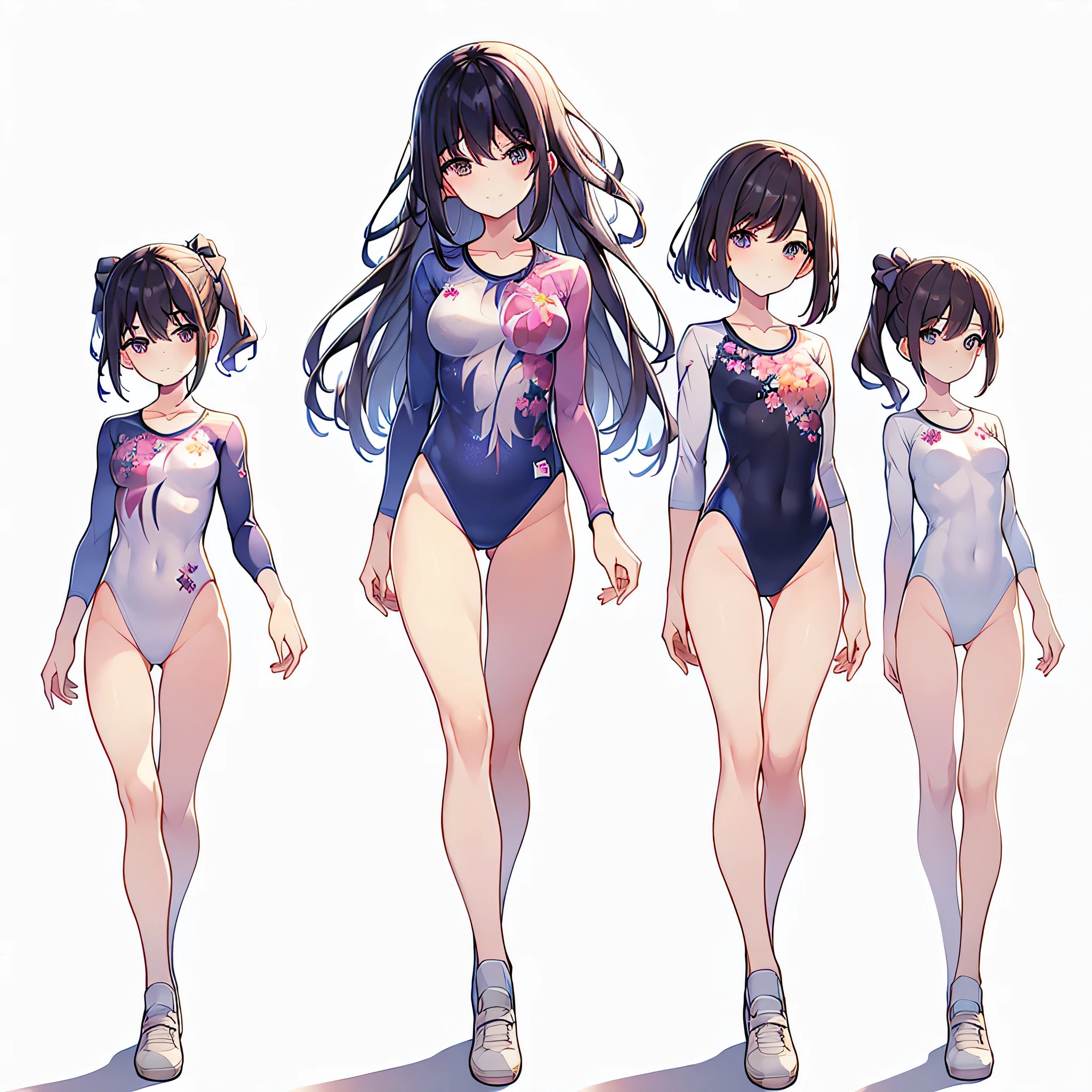 ((full body)),(masterpiece, best quality), (2 girls1.5) ,((Contrapposto:1.5)), looking at viewer, walking,((v_arms:1.2)), (wearing gymnastics_longsleeves_leotard_outfit leotard:1.3),(pink leotard) ,(floral print leotard:1.3),{{wearing gym suit:1.3 }}, BREAK masterpiece black hair, ((long hair:1.2)), ((parted bangs:1.3)), black eyes, good hand, ((small breasts)), (over 20 years old, under 25 years old:1.2), , spotlight, happy, smile, BREAK white background