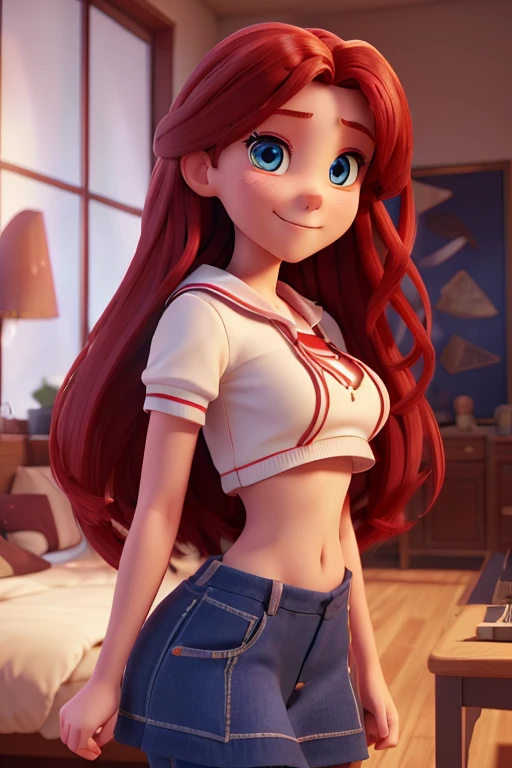 masterpiece , a high school girl , red very long hair , blue eyes , gradient , perfect figure , (lite smile , detailed face ,, , (8k, best quality 1.2), ultra-detailed, 8k uhd,, soft lighting, high quality, film grain, beautiful lighting,, (cinematic:1.4) ,perfect body , best illumination, best shadow, sharpness, contrast, big breasts, midriff