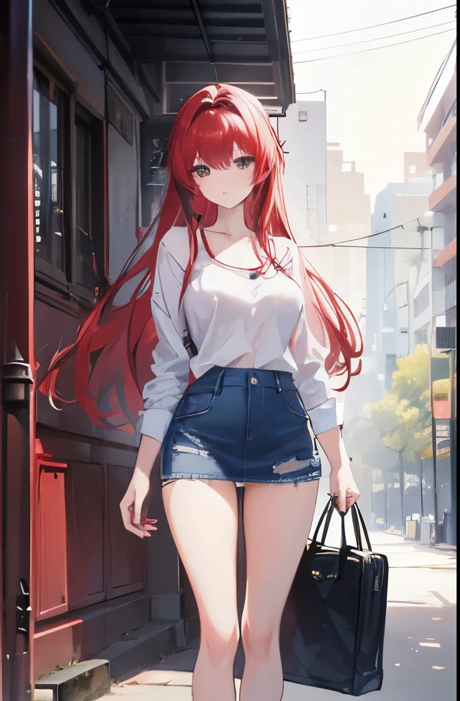 (best quality, highres, ultra-detailed), long-haired slender girl with a red short faux hawk, blue denim skirt, realist and pircing