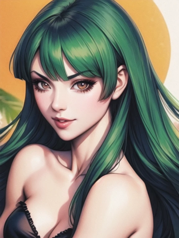 1 chica, morrigan aensland, solo, pelo largo, escote, head alas, hombros descubiertos, pelo verde, guanteletes de novia, chica demonio, ojos verdes, mirando al espectador, alas, uno \(animal\), sonrisa, clavicle, parte superior del cuerpo, uno alas,MILF,pechos enormes,(piel brillante),(hembra madura:1.2),