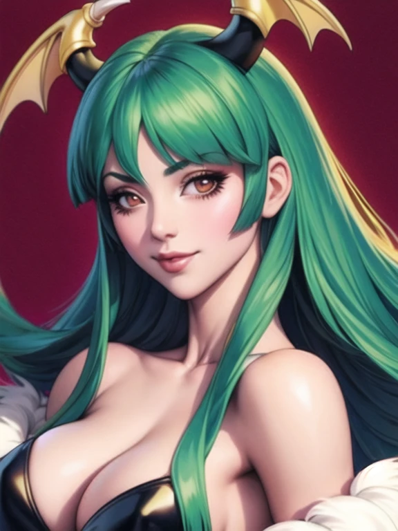 1 chica, morrigan aensland, solo, pelo largo, escote, head alas, hombros descubiertos, pelo verde, guanteletes de novia, chica demonio, ojos verdes, mirando al espectador, alas, uno \(animal\), sonrisa, clavicle, parte superior del cuerpo, uno alas,MILF,pechos enormes,(piel brillante),(hembra madura:1.2),