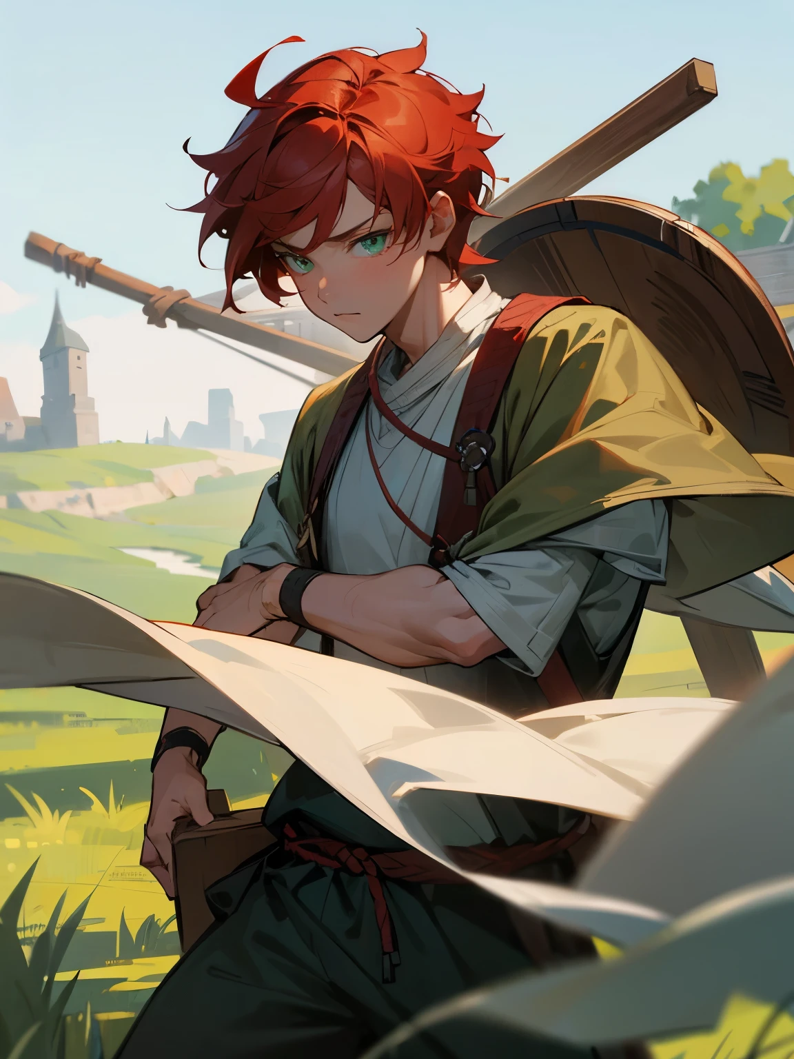 A teenage man ((mature)) with slightly Medium red hair, green eyes, dressed in Viking-era training clothes.