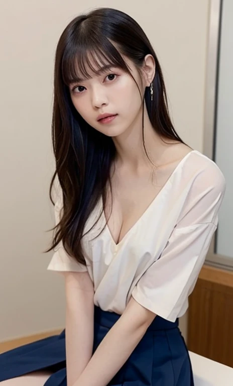masterpiece、highest quality、16K、High resolution、UHD,Depth of the bounds written、soft light、professional lighting、Pale shading、Weak contrast、Japanese、beautiful girl、Slender woman、daytime office、Window seat、sitting in front of the computer、A tight pastel-colored tunic that clings to the breasts、navy pleated skirt、micro mooth and beautiful thighs:1.6)、(small breast:1.0)、Faint cleavage、fine and beautiful eyes、(cute hanging eyes)、(thin eyebrows)、(thin lips)、gentle smile、(long wavy hair、high ponytail),(The bangs are see-through bangs)、
