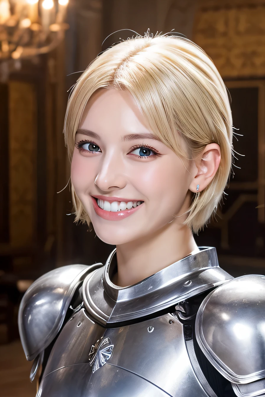 high quality、８ｋ、female knight、The background is a room in a castle.、Luxurious Silver Armor、smile、beautiful teeth、full body photo、hairstyle short cut、ear piercing、white woman、blonde hair、blue eyes、Gummy Smile、、heavy makeup、