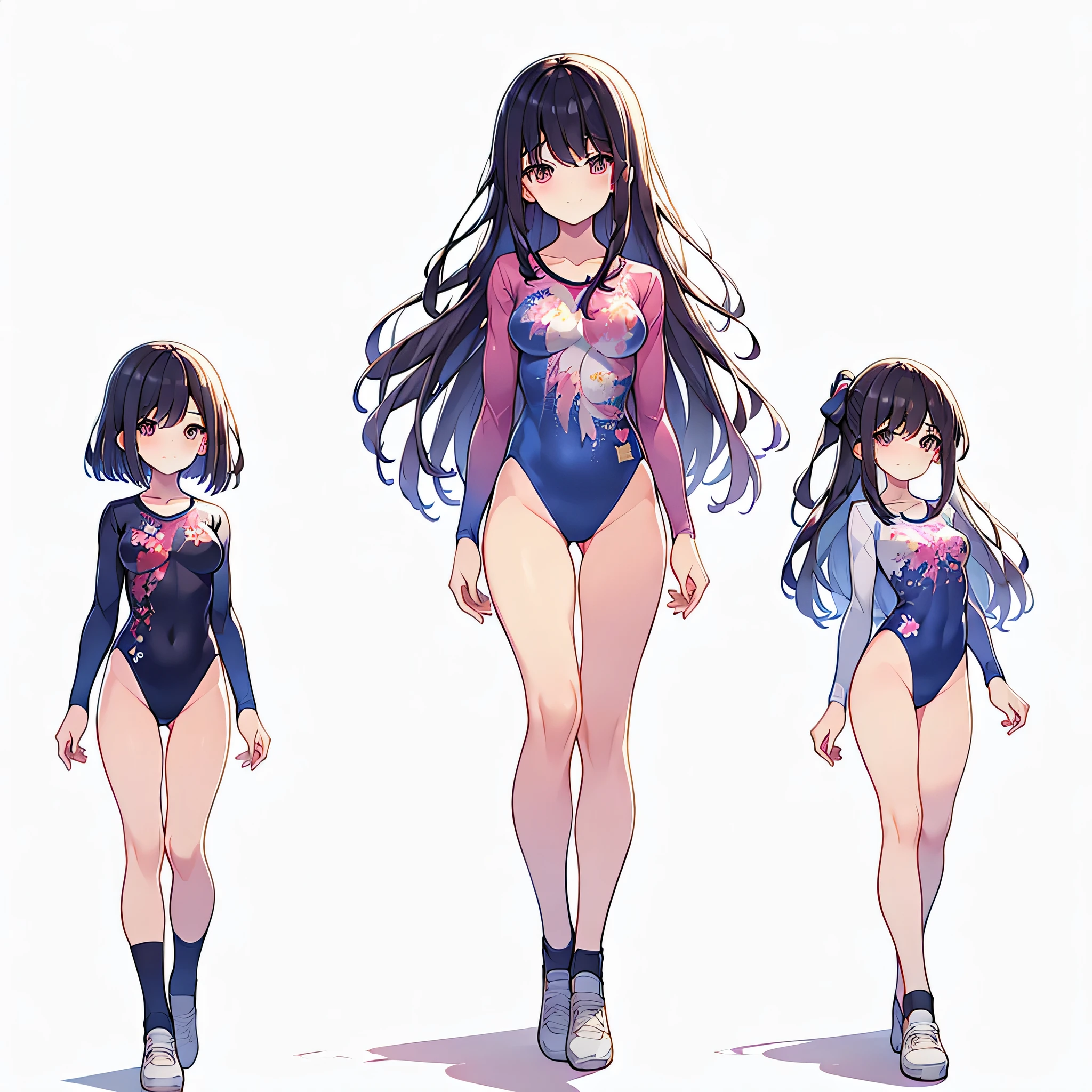 ((full body)),(masterpiece, best quality), (2 girls1.5) ,((Contrapposto:1.5)), looking at viewer, walking,((v_arms:1.2)), （wearing gymnastics_longsleeves_leotard_outfit leotard:1.3),(pink leotard) ,(floral print leotard:1.3),{{wearing gym suit:1.3 }}, BREAK masterpiece black hair, ((long hair:1.2)), ((parted bangs:1.3)), black eyes, good hand, ((small breasts)), (over 20 years old, under 25 years old:1.2), , spotlight, happy, smile, BREAK white background