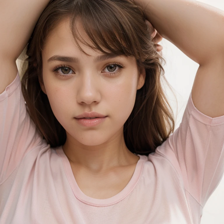 Jessica Alba, (masterpiece),(best quality:1.1),(ultra-detailed),best illustration,finely detail,(portrait:1.1),(intense close-up),watercolor drawing)floating,1girl,solo,16 years old,muscular,(extremely delicate and beautiful face),(detailed pink eyes),pink thick lips,(disheveled hair),(wearing a tight T-shirt),soft and lazy,(simple background:1.2)whole colored background,clear,4K