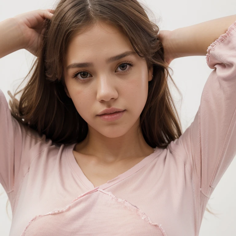 Jessica Alba, (masterpiece),(best quality:1.1),(ultra-detailed),best illustration,finely detail,(portrait:1.1),(intense close-up),watercolor drawing)floating,1girl,solo,,muscular,(extremely delicate and beautiful face),(detailed pink eyes),pink thick lips,(disheveled hair),(wearing a tight T-shirt),soft and lazy,(simple background:1.2)whole colored background,clear,4K