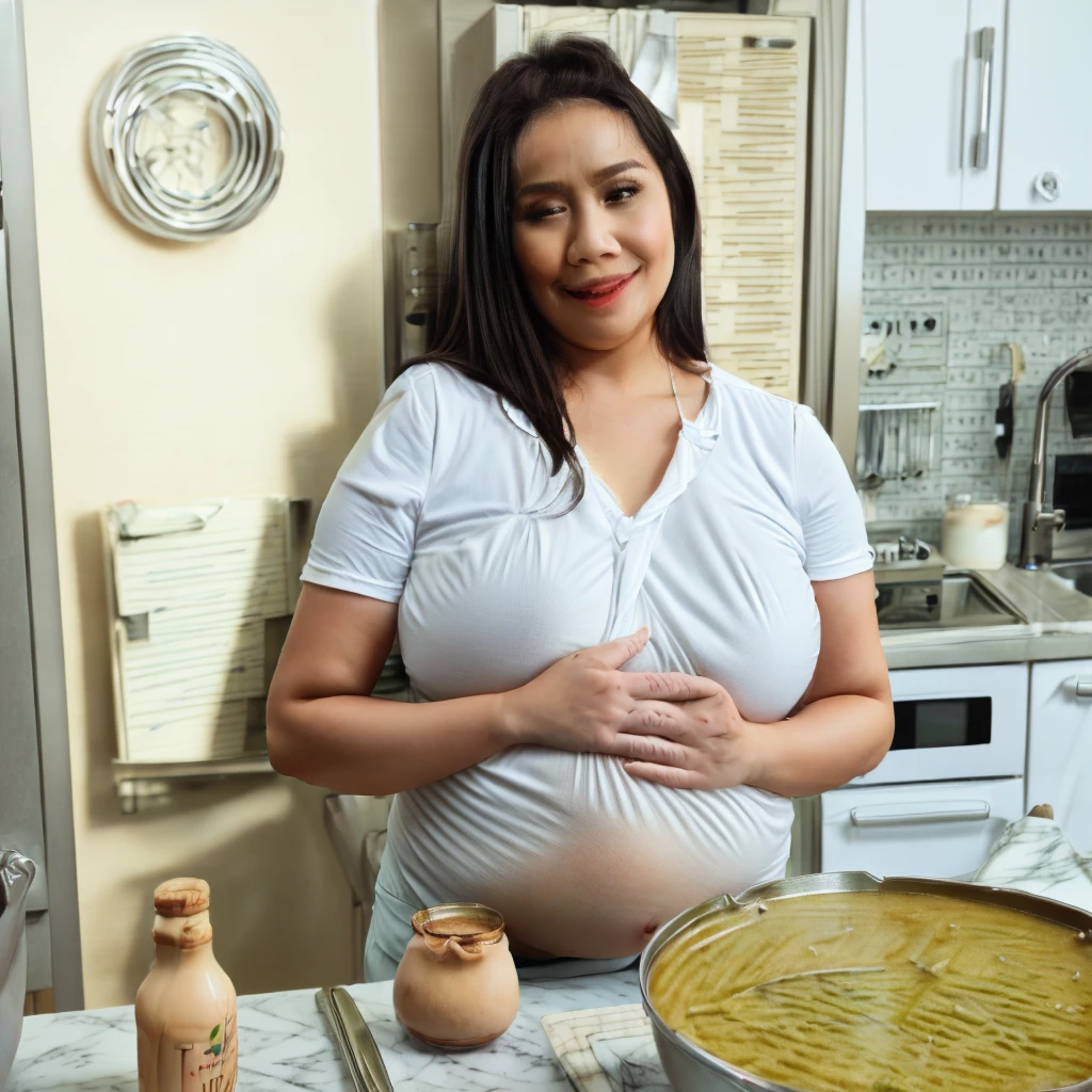 raw photo,looking at viewer,HD,4K,big tits(shirtsqueeze),pregnant woman in kitchen with food and milk in pan, cooking show, cooking, her belly is fat and round, cooking it up, she has a jiggly fat round belly, in the kitchen, in a kitchen, high quality , pregnant belly, thicc, indonesian celebrity, pregnant, belly, gif, gourmet cooking, yummy, cooking oil, cooked to perfection(squeeze her tits)