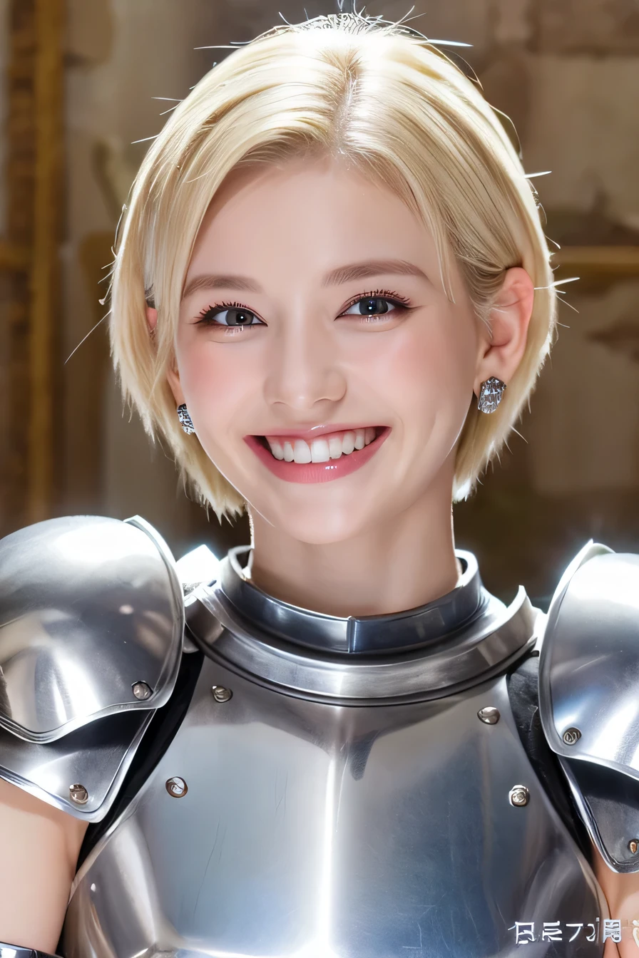 high quality、8k、female knight、The background is a room in a castle.、Luxurious Silver Armor、smile、beautiful teeth、full body photo、hairstyle short cut、ear piercing、white woman、blonde hair、blue eyes、Gummy Smile、、heavy makeup、