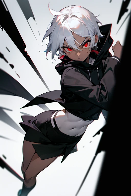 18 year old tomboyish girl, short white hair, dark skin, emo, small, thin and athletic body, blank stare and red eyes, cold expression, intimidating presence. depressed, black eye shadow makeup, black sweatshirt, black skirt, hood covering the face. dark room scene.