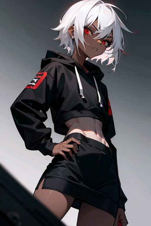 18 year old tomboyish girl, short white hair, dark skin, emo, small, thin and athletic body, blank stare and red eyes, cold expression, intimidating presence. depressed, black eye shadow makeup, black sweatshirt, black skirt, hood covering the face. dark room scene.