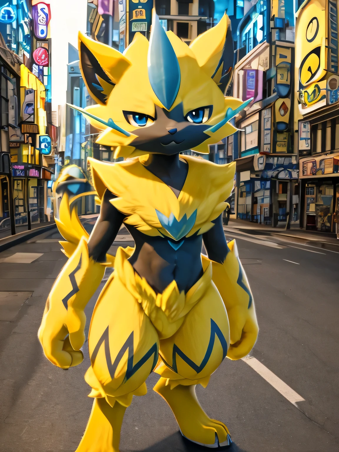 (cero),(Pokémon Zeraora),(pelaje amarillo),(blue eyes),((Gran ciudad)), (anatomically correct) (esponjoso) (peludo) (patas peludas) (rostro,rubor) (pupilas azules) ((cuerpo completo))|(mejor_calidad:0.7) 