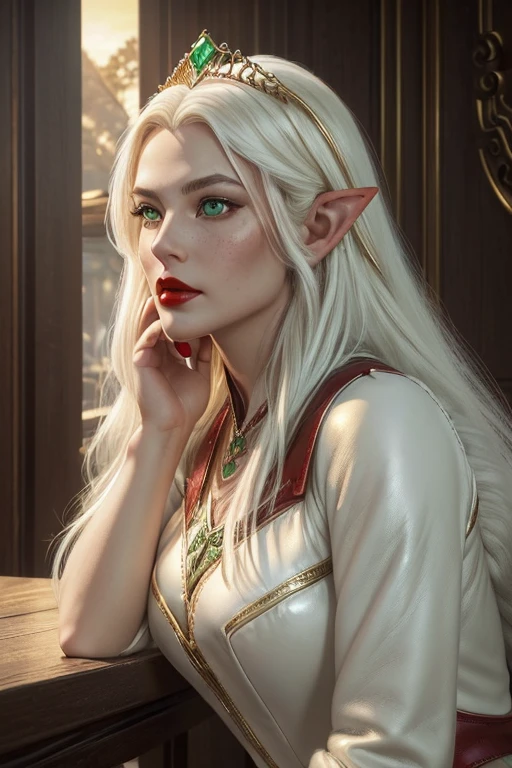 ((best quality: 1.5)) ((masterpiece: 0.8)), intricate details, sharp focus, professional, real life, realistic representation of the face, dim volumetric lighting, in the style of realistic and hyper detailed renderings BREAK (((( red lips, ((detailed elven woman, tilted head, portrait, chin down, side view: 0.8)), diamond tiara, golden hour, green eyes, long white hair, fur trim leather dress)), emerald necklace), nose piercing), freckles: 1.0), photorealistic, hyper-realistic, 8K