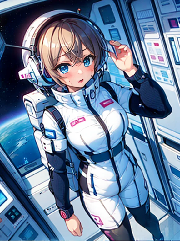 very detailed、(Futuristic spaceship interior):1.5、人妻1 person，short bob，golden hair,(space helmet):5, (white space suit):1.5、body suit、(Diapers):1.5,big breasts，breast bumps，Excretion of breast milk，Feeling，Showing off her perfect legs，Shyness in the face，Sweat、The Diapers is wet、desire for dissatisfaction，Masseter muscle part、, Highest_quality, 1 person, alone、open your legs、open your legs、please open your knees、embarrassing、blush、Bedroomasturbation、Sweatでいっぱい、wet Diapers、sexual excitement、masturbation、,put your hand inside your panties、headphones,(liquid、scale):0.3、It was scary、teardrop,BREAK red nose blush:1.3,astro vest:5