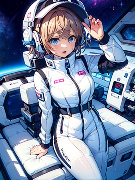 very detailed、(Futuristic spaceship interior):1.5、人妻1 person，short bob，golden hair,(space helmet):5, (white space suit):1.5、body suit、(Diapers):1.5,big breasts，breast bumps，Excretion of breast milk，Feeling，Showing off her perfect legs，Shyness in the face，Sweat、The Diapers is wet、desire for dissatisfaction，Masseter muscle part、, Highest_quality, 1 person, alone、open your legs、open your legs、please open your knees、embarrassing、blush、Bedroomasturbation、Sweatでいっぱい、wet Diapers、sexual excitement、masturbation、,put your hand inside your panties、headphones,(liquid、scale):0.3、It was scary、teardrop,BREAK red nose blush:1.3,astro vest:5