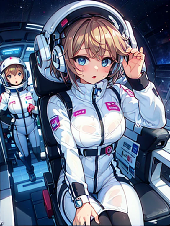 very detailed、(Futuristic spaceship interior):1.5、人妻1 person，short bob，golden hair,(space helmet):5, (white space suit):1.5、body suit、(Diapers):1.5,big breasts，breast bumps，Excretion of breast milk，Feeling，Showing off her perfect legs，Shyness in the face，Sweat、The Diapers is wet、desire for dissatisfaction，Masseter muscle part、, Highest_quality, 1 person, alone、open your legs、open your legs、please open your knees、embarrassing、blush、Bedroomasturbation、Sweatでいっぱい、wet Diapers、sexual excitement、masturbation、,put your hand inside your panties、headphones,(liquid、scale):0.3、It was scary、teardrop,BREAK red nose blush:1.3,astro vest:5