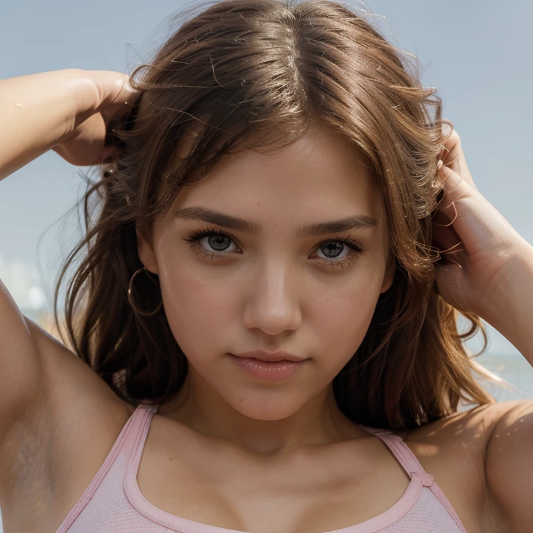 1girl, from behind, skinny, kneeling, slim, t-string clothing, lingerie ((color: skin, wet clothes, transparent, mini bikini)), twintails, no makeup, 50mm, full body plane, full frame, Bokeh, 4K resolution, (full body: 1.5), HDR, cinematic lighting, bloom, sunlight, looking at the viewer, detailed shadows, intricate tree shadows, ray tracing, bokeh, depth of field, film photography, film grain, glow, (wind: 1.0), camera ((top down view: 1.5) (from top: 1.5)), detailed hair, beautiful face, beautiful girl, ultra detailed eyes, wide shot,
