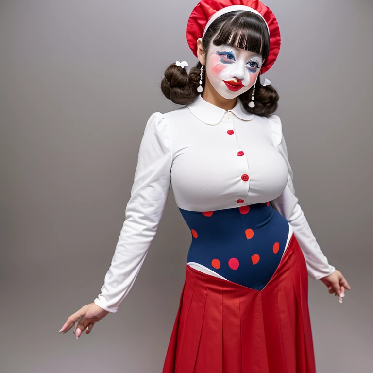 When I opened it, a strangely dressed clown woman was standing there.。
(A full-body suit in a bizarre color with a fluttering skirt、A face painted white、A round ball-shaped nose、That alone gave it a unique presence.、What caught your eye was her voluptuous body, which surpassed her appearance.)