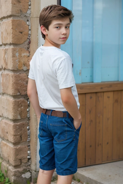 a white 13 year old boy with short brown hait wearing a blue shirt (from back) (full body)